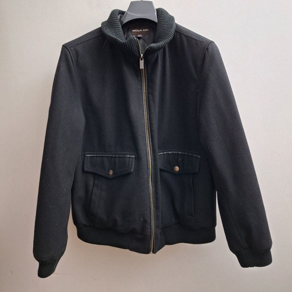 Michael Kors Womens Zip Wool Blend Coat XL Solid Black Flap Pockets Jacket - Picture 1 of 9